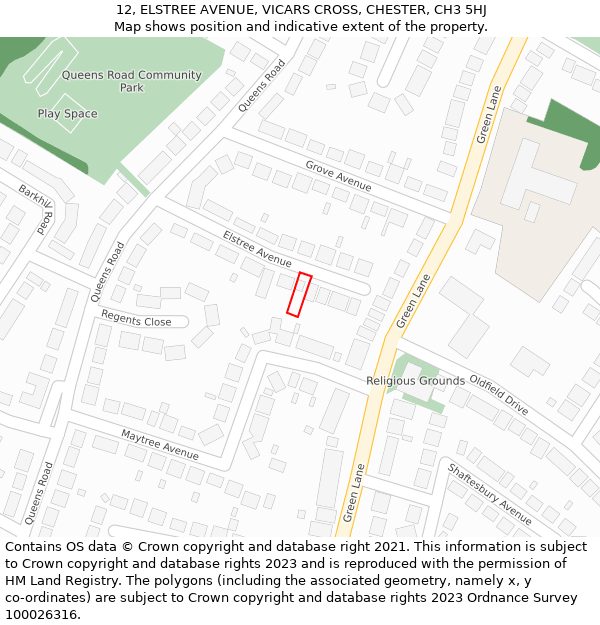 12, ELSTREE AVENUE, VICARS CROSS, CHESTER, CH3 5HJ: Location map and indicative extent of plot
