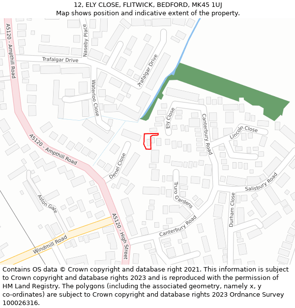 12, ELY CLOSE, FLITWICK, BEDFORD, MK45 1UJ: Location map and indicative extent of plot