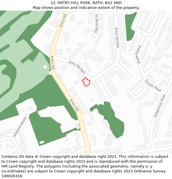 12, ENTRY HILL PARK, BATH, BA2 5ND: Location map and indicative extent of plot