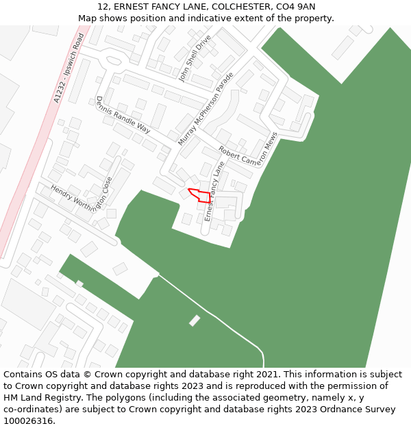 12, ERNEST FANCY LANE, COLCHESTER, CO4 9AN: Location map and indicative extent of plot