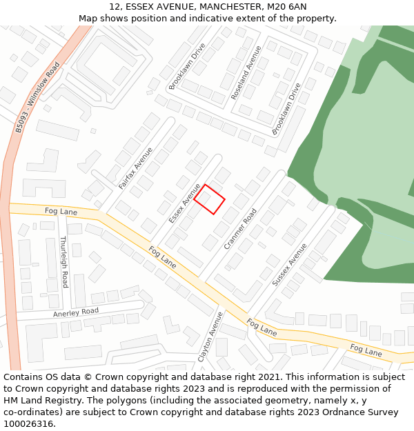 12, ESSEX AVENUE, MANCHESTER, M20 6AN: Location map and indicative extent of plot