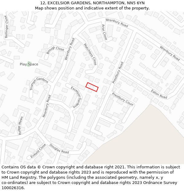 12, EXCELSIOR GARDENS, NORTHAMPTON, NN5 6YN: Location map and indicative extent of plot