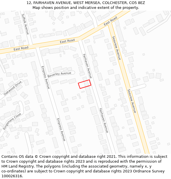 12, FAIRHAVEN AVENUE, WEST MERSEA, COLCHESTER, CO5 8EZ: Location map and indicative extent of plot