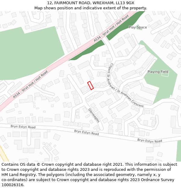 12, FAIRMOUNT ROAD, WREXHAM, LL13 9GX: Location map and indicative extent of plot