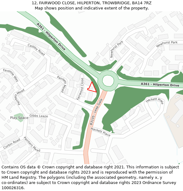 12, FAIRWOOD CLOSE, HILPERTON, TROWBRIDGE, BA14 7RZ: Location map and indicative extent of plot