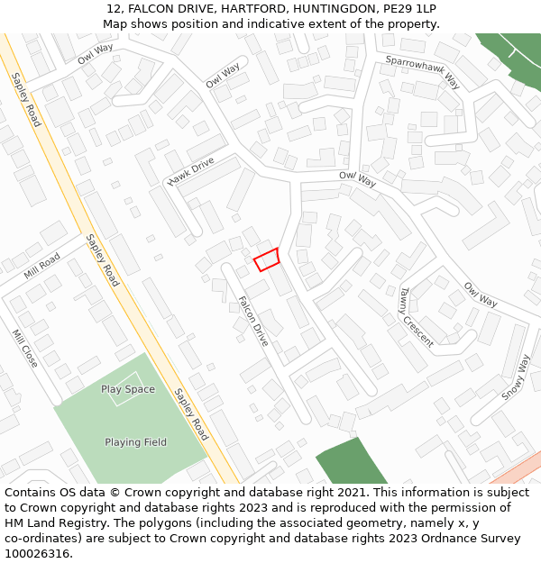 12, FALCON DRIVE, HARTFORD, HUNTINGDON, PE29 1LP: Location map and indicative extent of plot