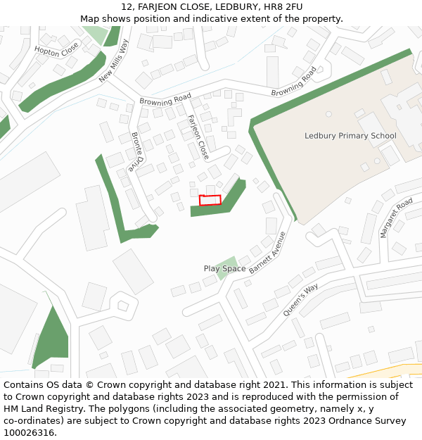 12, FARJEON CLOSE, LEDBURY, HR8 2FU: Location map and indicative extent of plot