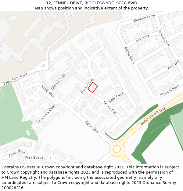 12, FENNEL DRIVE, BIGGLESWADE, SG18 8WD: Location map and indicative extent of plot