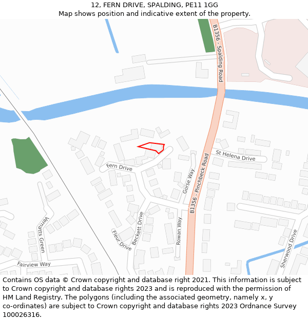 12, FERN DRIVE, SPALDING, PE11 1GG: Location map and indicative extent of plot