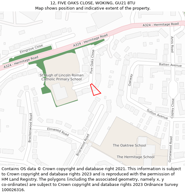 12, FIVE OAKS CLOSE, WOKING, GU21 8TU: Location map and indicative extent of plot