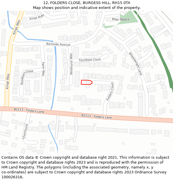 12, FOLDERS CLOSE, BURGESS HILL, RH15 0TA: Location map and indicative extent of plot