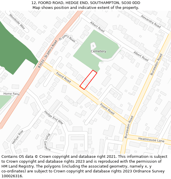 12, FOORD ROAD, HEDGE END, SOUTHAMPTON, SO30 0DD: Location map and indicative extent of plot