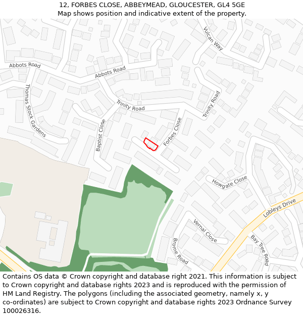 12, FORBES CLOSE, ABBEYMEAD, GLOUCESTER, GL4 5GE: Location map and indicative extent of plot