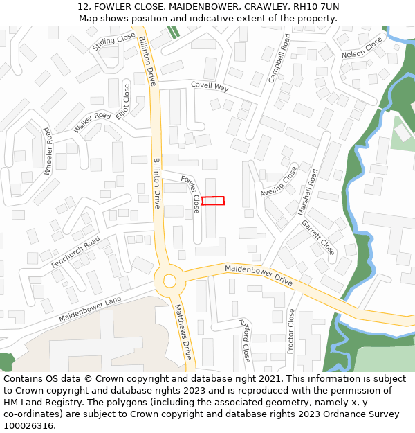 12, FOWLER CLOSE, MAIDENBOWER, CRAWLEY, RH10 7UN: Location map and indicative extent of plot