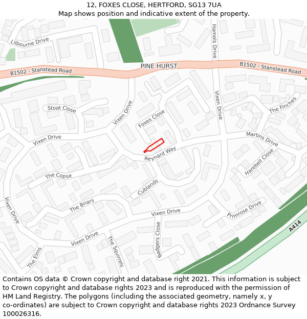 12, FOXES CLOSE, HERTFORD, SG13 7UA: Location map and indicative extent of plot