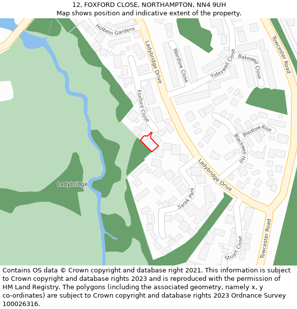 12, FOXFORD CLOSE, NORTHAMPTON, NN4 9UH: Location map and indicative extent of plot
