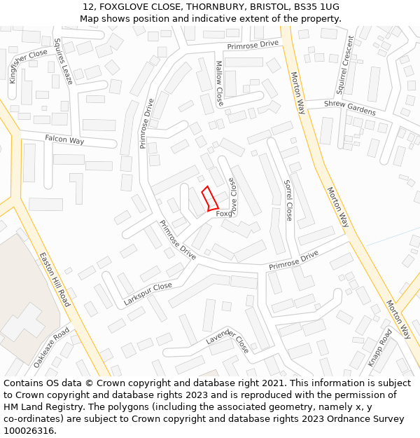 12, FOXGLOVE CLOSE, THORNBURY, BRISTOL, BS35 1UG: Location map and indicative extent of plot