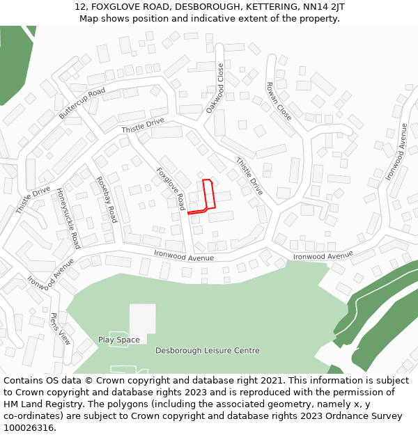 12, FOXGLOVE ROAD, DESBOROUGH, KETTERING, NN14 2JT: Location map and indicative extent of plot