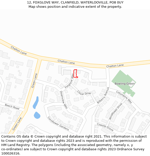 12, FOXGLOVE WAY, CLANFIELD, WATERLOOVILLE, PO8 0UY: Location map and indicative extent of plot