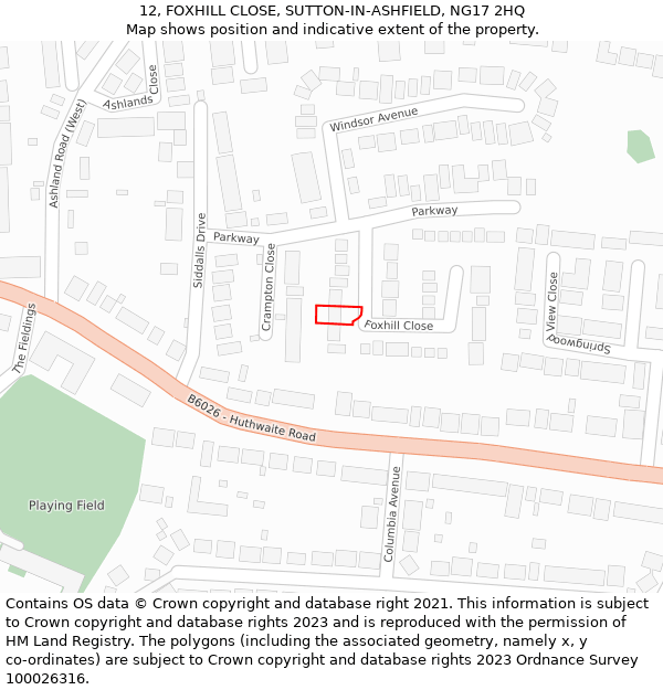 12, FOXHILL CLOSE, SUTTON-IN-ASHFIELD, NG17 2HQ: Location map and indicative extent of plot