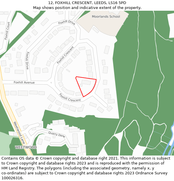 12, FOXHILL CRESCENT, LEEDS, LS16 5PD: Location map and indicative extent of plot