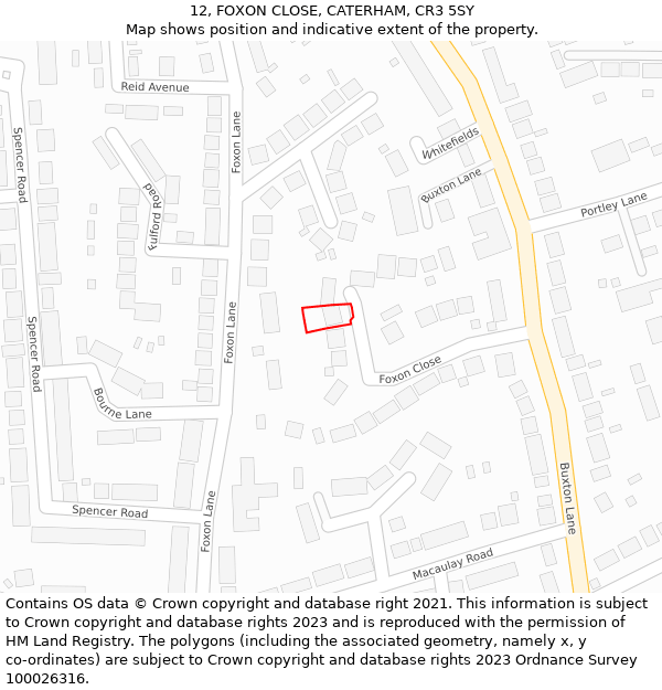 12, FOXON CLOSE, CATERHAM, CR3 5SY: Location map and indicative extent of plot