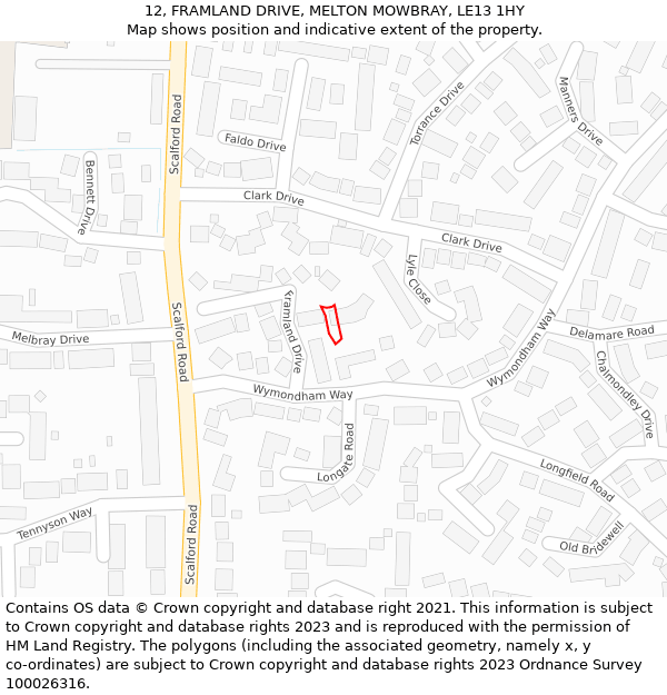 12, FRAMLAND DRIVE, MELTON MOWBRAY, LE13 1HY: Location map and indicative extent of plot