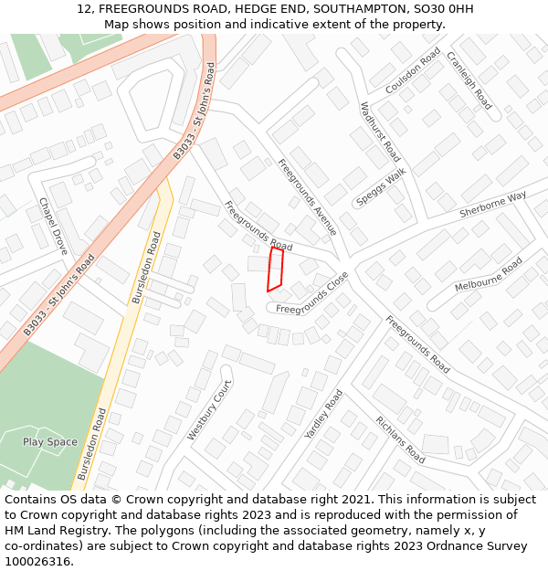 12, FREEGROUNDS ROAD, HEDGE END, SOUTHAMPTON, SO30 0HH: Location map and indicative extent of plot