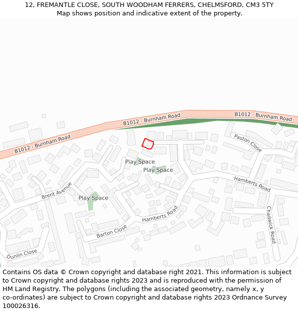 12, FREMANTLE CLOSE, SOUTH WOODHAM FERRERS, CHELMSFORD, CM3 5TY: Location map and indicative extent of plot