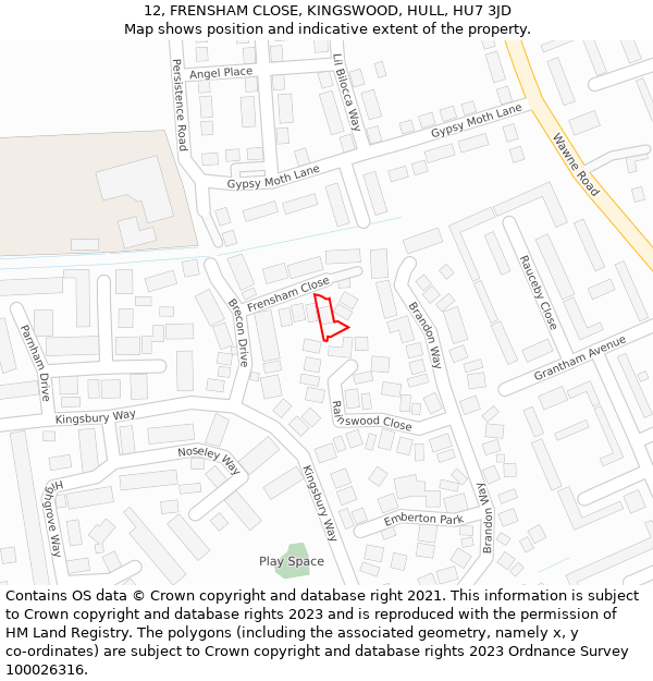 12, FRENSHAM CLOSE, KINGSWOOD, HULL, HU7 3JD: Location map and indicative extent of plot