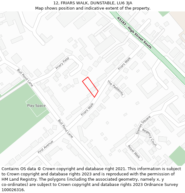 12, FRIARS WALK, DUNSTABLE, LU6 3JA: Location map and indicative extent of plot