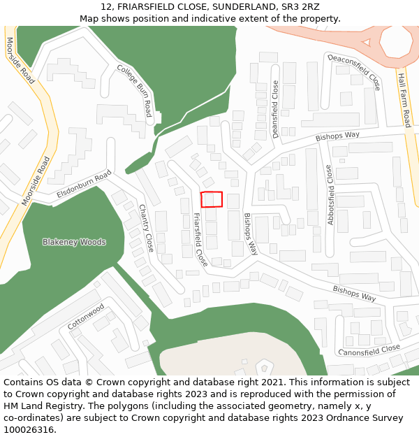 12, FRIARSFIELD CLOSE, SUNDERLAND, SR3 2RZ: Location map and indicative extent of plot