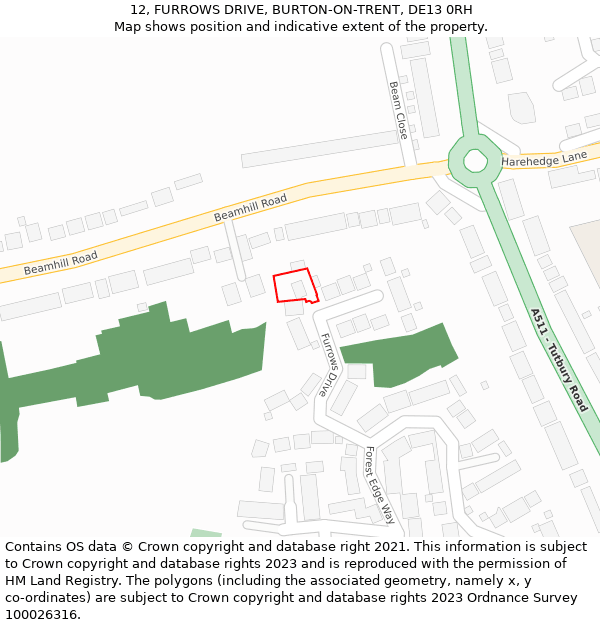 12, FURROWS DRIVE, BURTON-ON-TRENT, DE13 0RH: Location map and indicative extent of plot