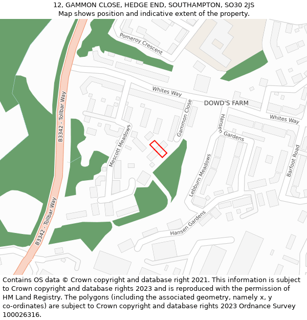 12, GAMMON CLOSE, HEDGE END, SOUTHAMPTON, SO30 2JS: Location map and indicative extent of plot