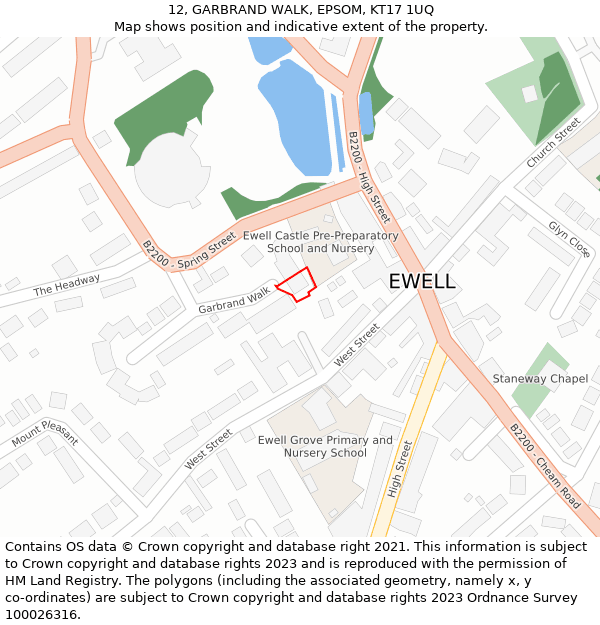 12, GARBRAND WALK, EPSOM, KT17 1UQ: Location map and indicative extent of plot