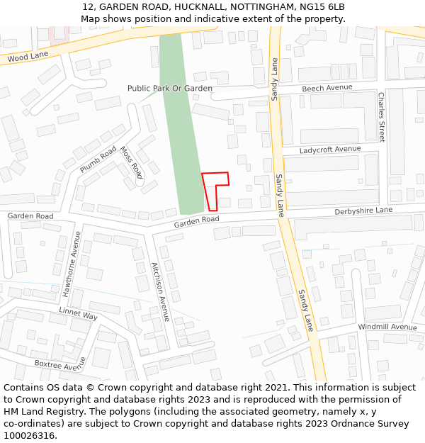 12, GARDEN ROAD, HUCKNALL, NOTTINGHAM, NG15 6LB: Location map and indicative extent of plot