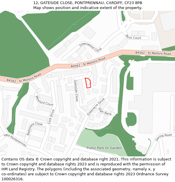 12, GATESIDE CLOSE, PONTPRENNAU, CARDIFF, CF23 8PB: Location map and indicative extent of plot