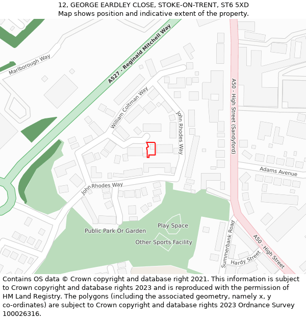 12, GEORGE EARDLEY CLOSE, STOKE-ON-TRENT, ST6 5XD: Location map and indicative extent of plot