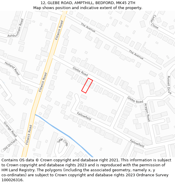 12, GLEBE ROAD, AMPTHILL, BEDFORD, MK45 2TH: Location map and indicative extent of plot