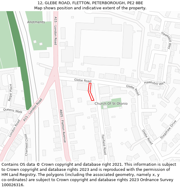 12, GLEBE ROAD, FLETTON, PETERBOROUGH, PE2 8BE: Location map and indicative extent of plot