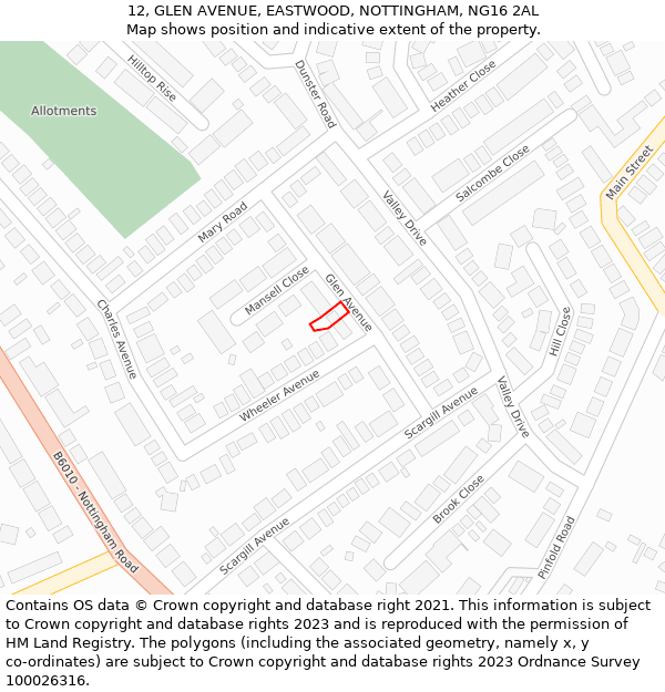 12, GLEN AVENUE, EASTWOOD, NOTTINGHAM, NG16 2AL: Location map and indicative extent of plot