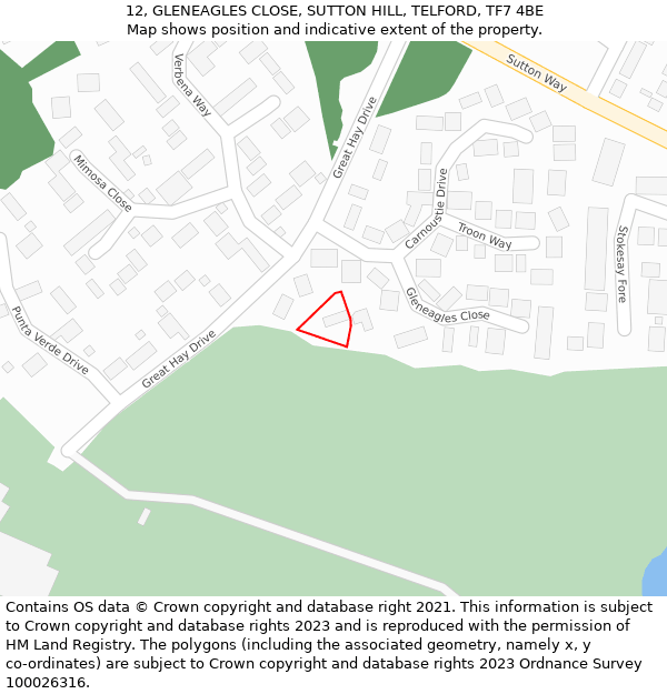 12, GLENEAGLES CLOSE, SUTTON HILL, TELFORD, TF7 4BE: Location map and indicative extent of plot