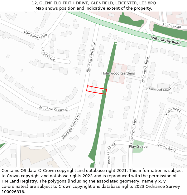 12, GLENFIELD FRITH DRIVE, GLENFIELD, LEICESTER, LE3 8PQ: Location map and indicative extent of plot