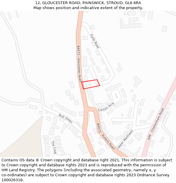 12, GLOUCESTER ROAD, PAINSWICK, STROUD, GL6 6RA: Location map and indicative extent of plot
