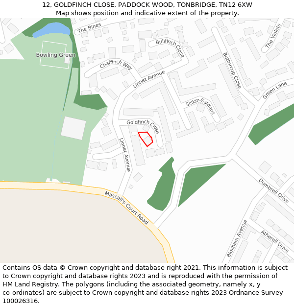 12, GOLDFINCH CLOSE, PADDOCK WOOD, TONBRIDGE, TN12 6XW: Location map and indicative extent of plot