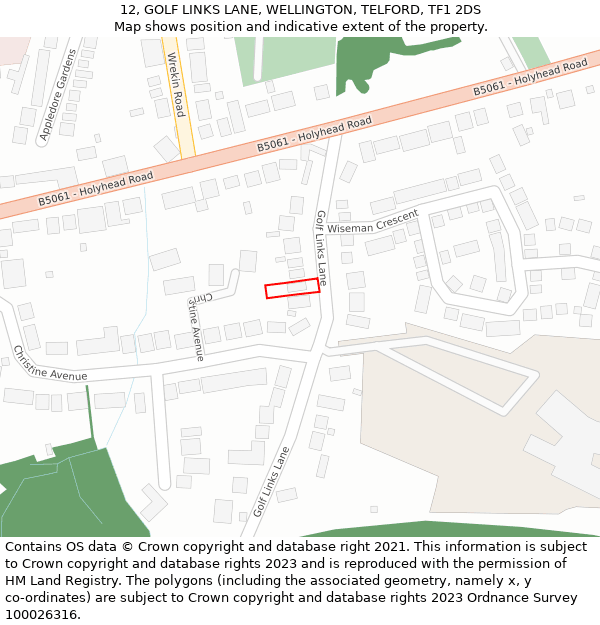 12, GOLF LINKS LANE, WELLINGTON, TELFORD, TF1 2DS: Location map and indicative extent of plot