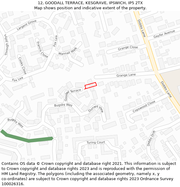 12, GOODALL TERRACE, KESGRAVE, IPSWICH, IP5 2TX: Location map and indicative extent of plot