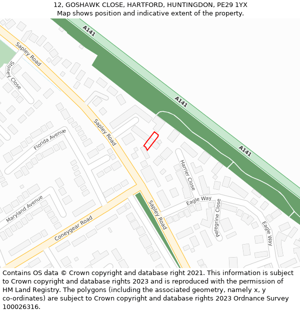 12, GOSHAWK CLOSE, HARTFORD, HUNTINGDON, PE29 1YX: Location map and indicative extent of plot