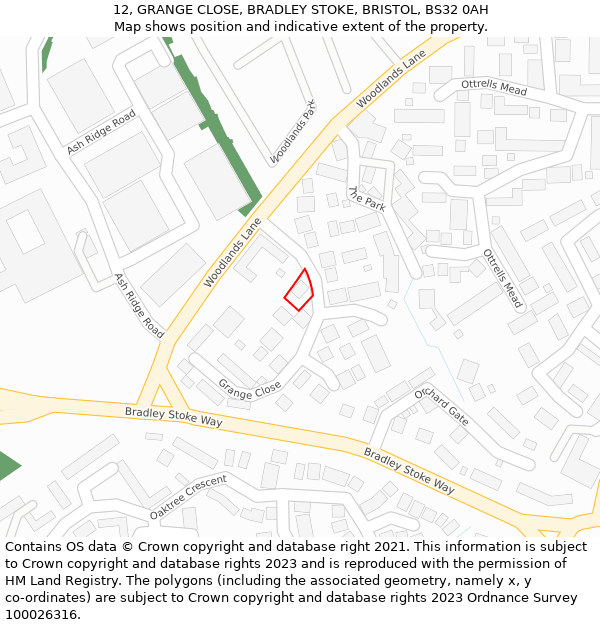 12, GRANGE CLOSE, BRADLEY STOKE, BRISTOL, BS32 0AH: Location map and indicative extent of plot