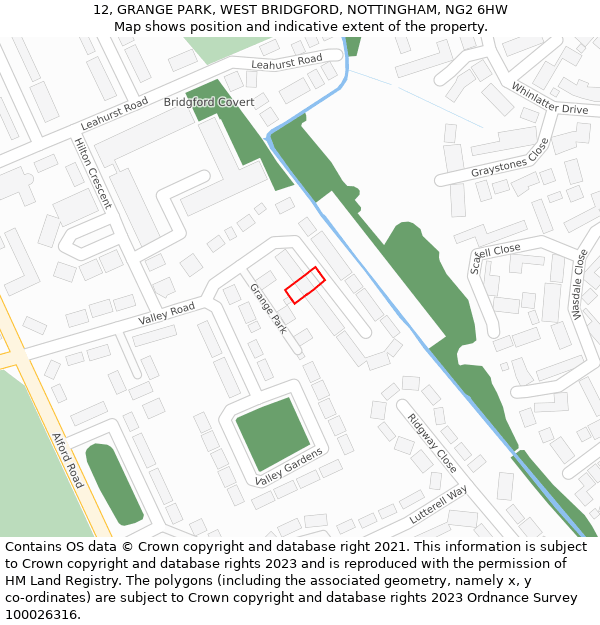 12, GRANGE PARK, WEST BRIDGFORD, NOTTINGHAM, NG2 6HW: Location map and indicative extent of plot